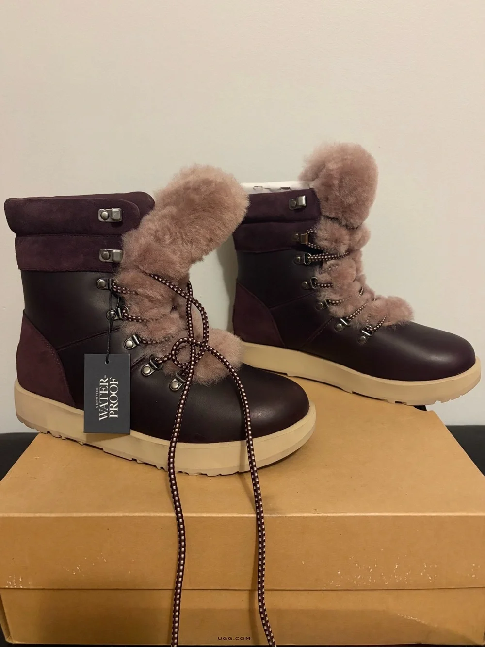 UGG Women's Brown Leather & Suede Winter Boots with Pink Shearling Trim